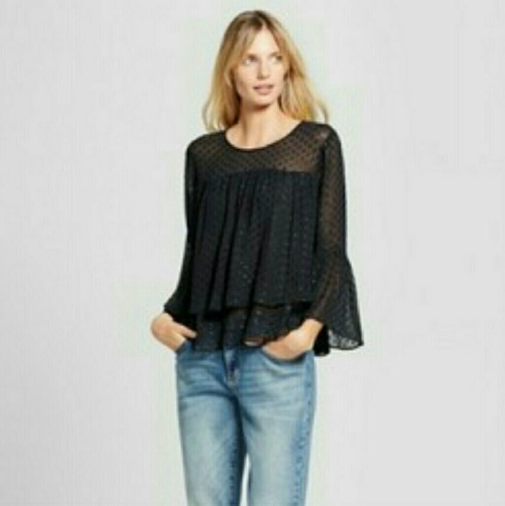 A New Day - Sheer Clip Spot Ruffle Blouse